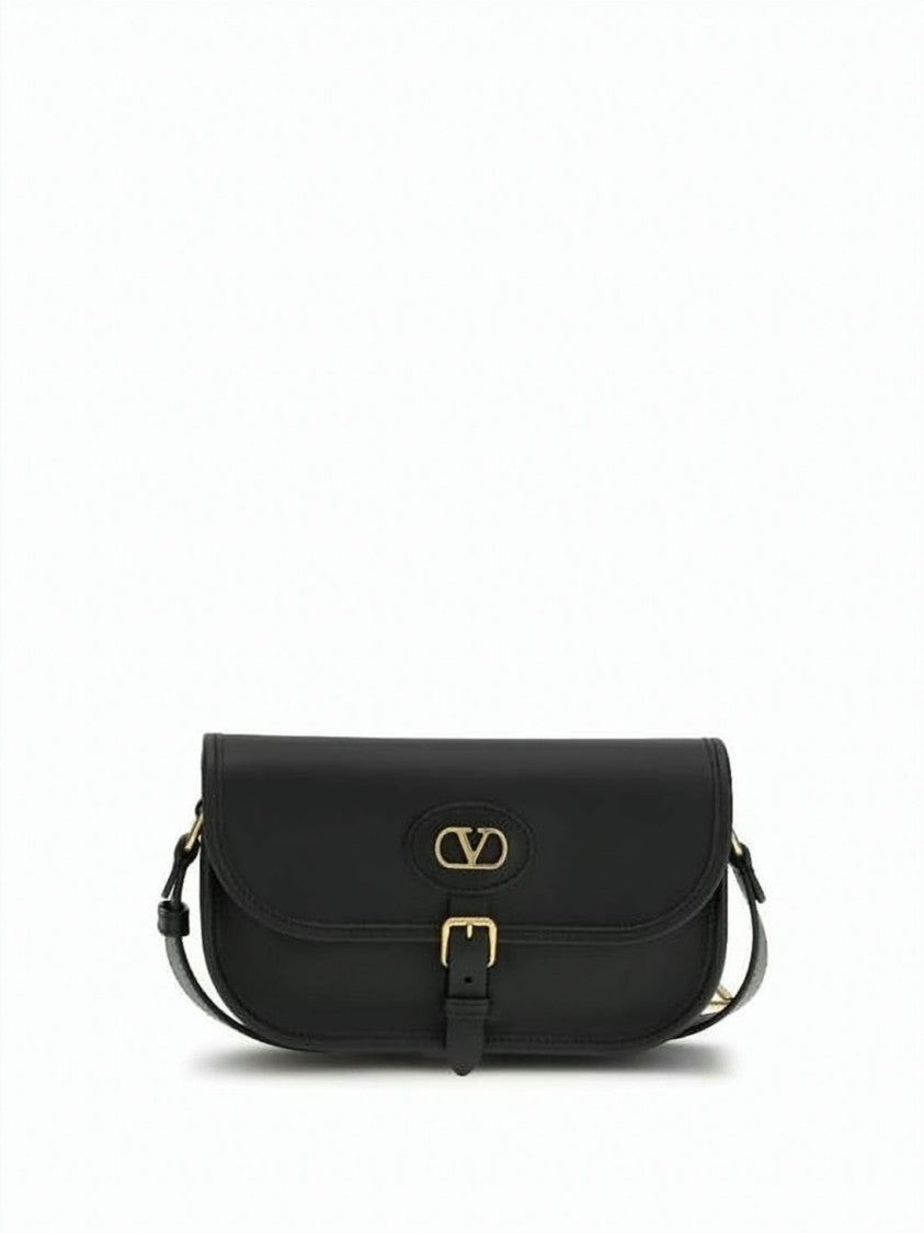 Valentino Garavani Structured Black Calf Leather Shoulder Bag With Gold-Tone Accents