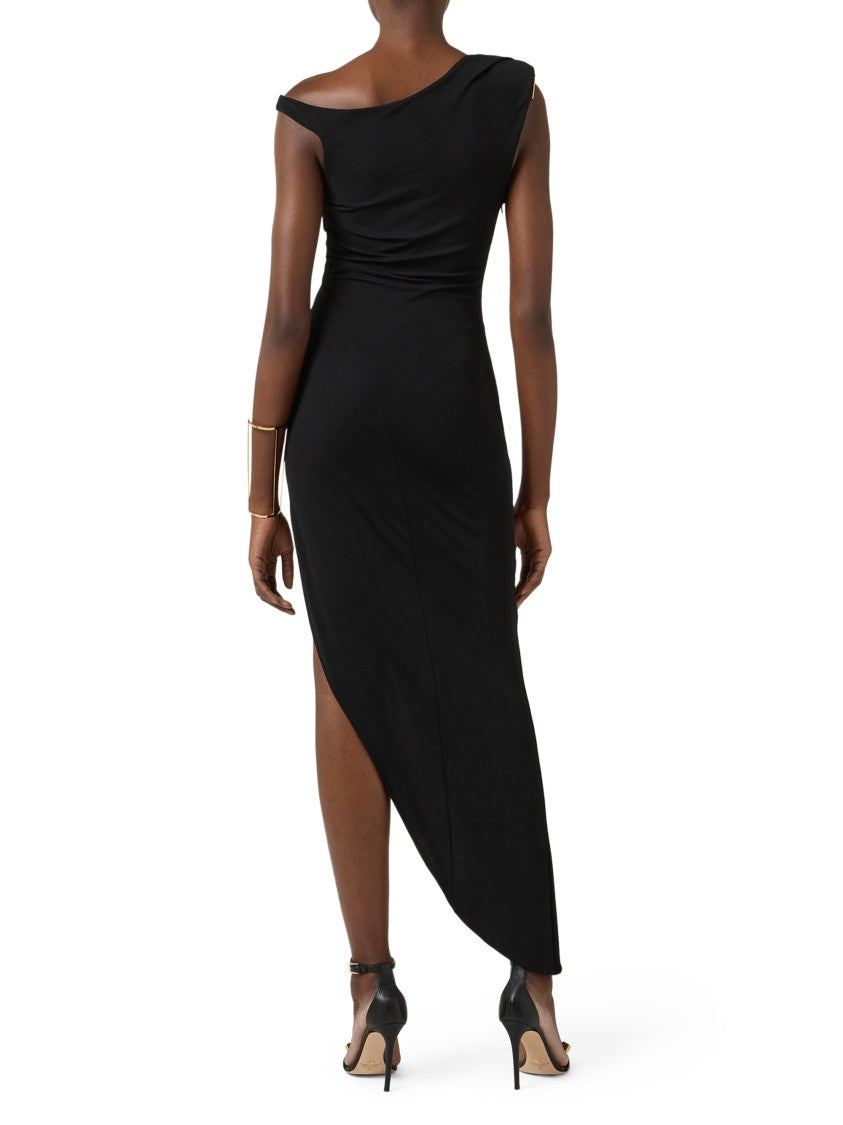 Elisabetta Franchi Asymmetrical One-Shoulder Midi Dress With Gold Accent