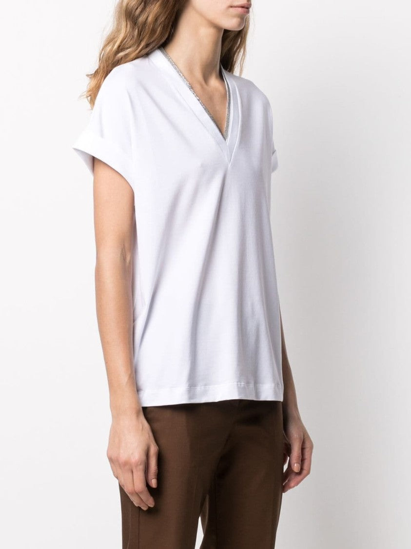 Brunello Cucinelli White Monili Chain V-Neck Cotton T-Shirt