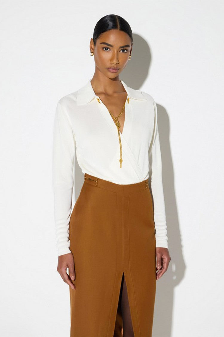 Elisabetta Franchi Ivory Wrap Point Collar Key-Charm Viscose-Blend Bodysuit