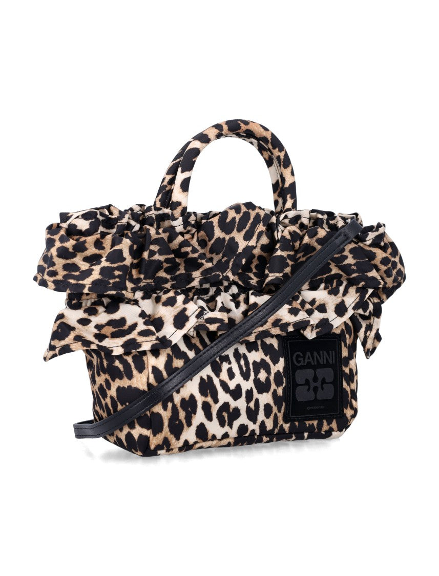 Ganni Mini Leopard Print Ruffled Shopper Tote