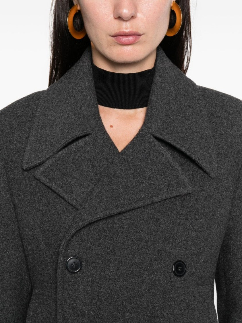 The Nina Studio Long Double-Breasted Coat With Classic Lapels In Grey Wool