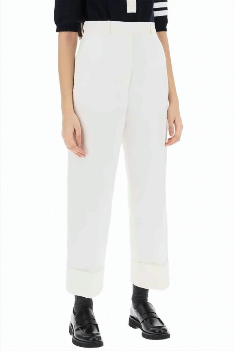 Thom Browne Cropped White Straight Pants With High Waist And Cuffed Hem