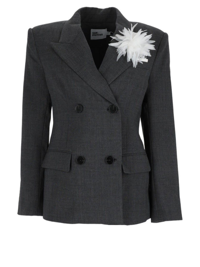 Self-Portrait Grey Feather Embellished Double-Breasted Blazer
