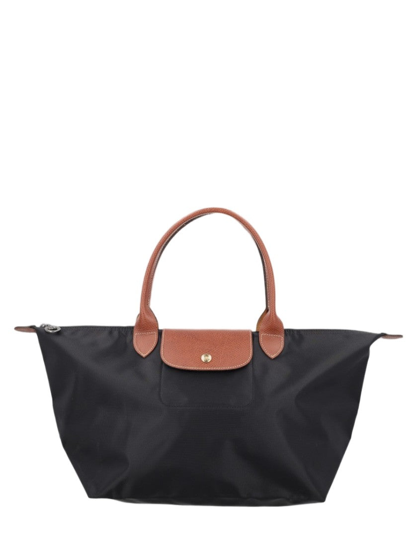 Longchamp Structured Black Polyamide Tote With Brown Leather Flap Closure