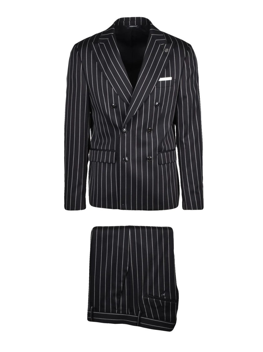 Daniele Alessandrini Black Double-Breasted Pinstripe Viscose-Blend Suit