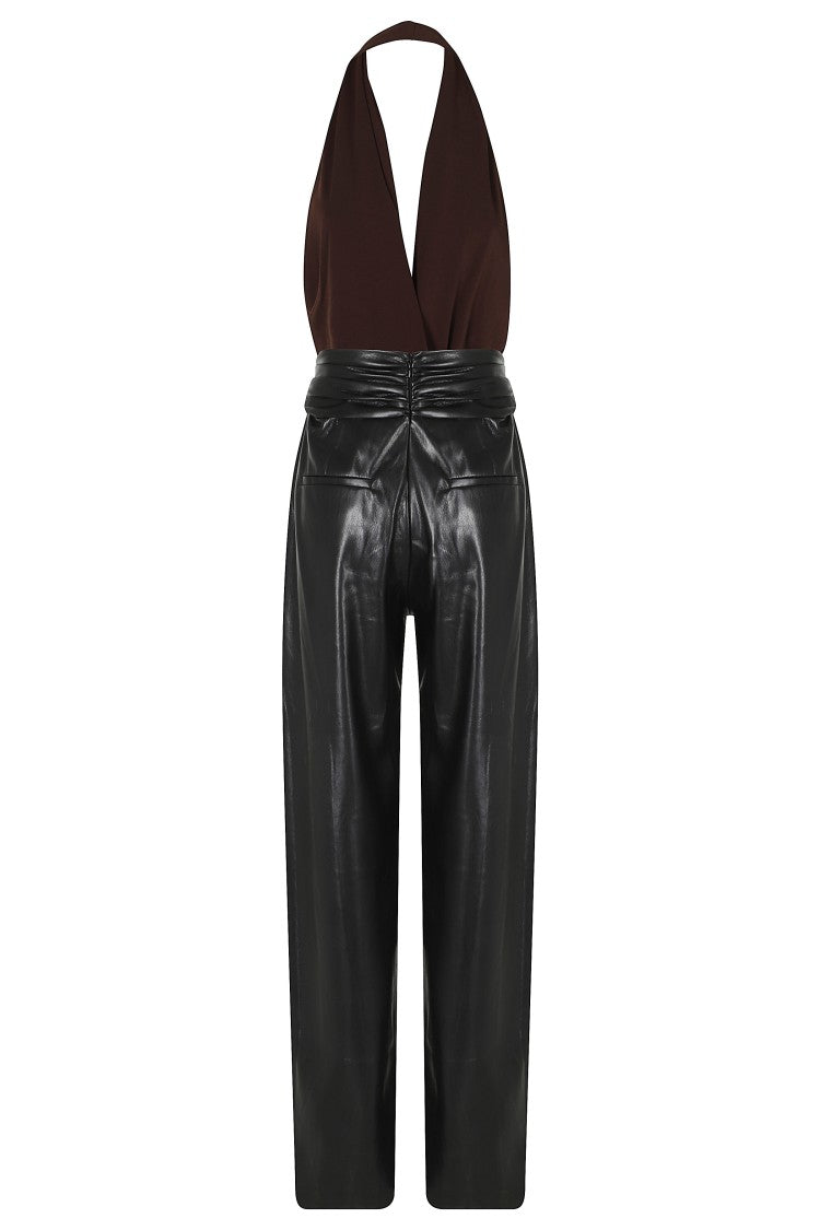 The Andamane Brown Astral Draped Waist Vegan Leather Jumpsuit