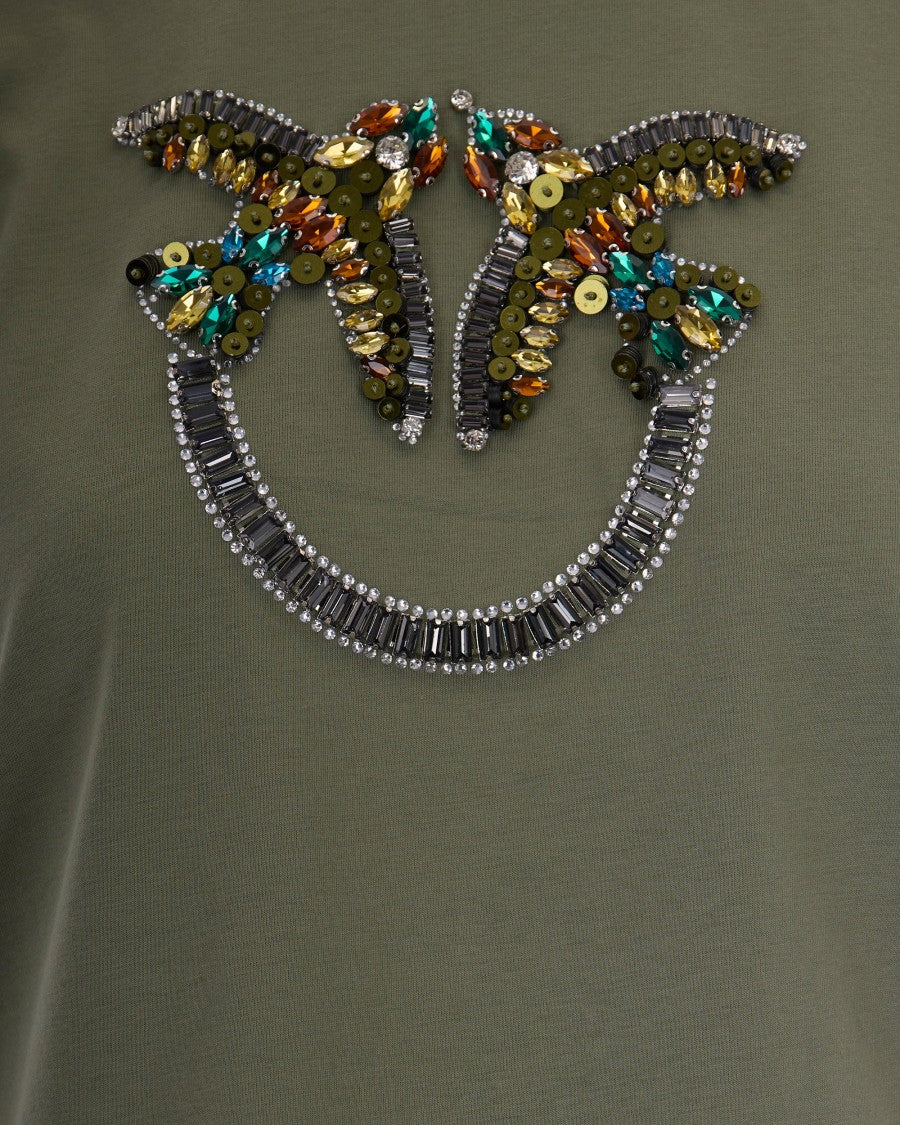 Pinko Logo Love Birds Decorated Green T-Shirt