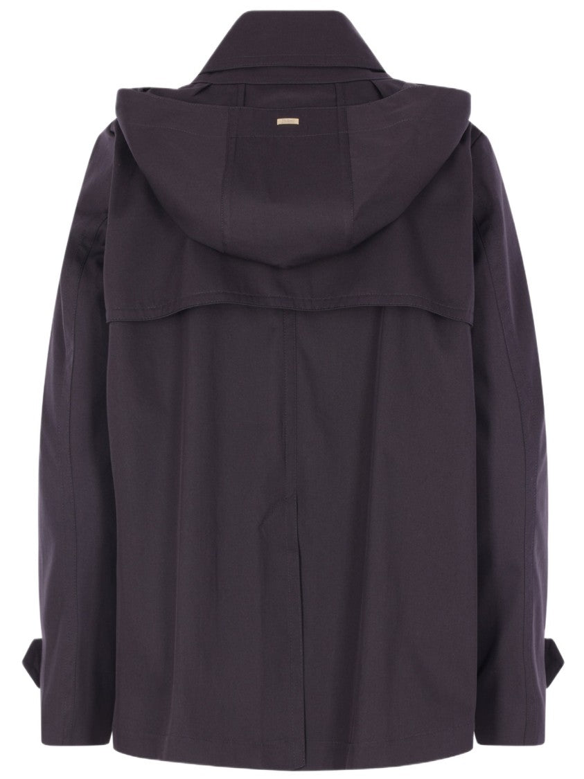 Herno Short Blue Trench Coat With Removable Hood And Double-Breasted Closure
