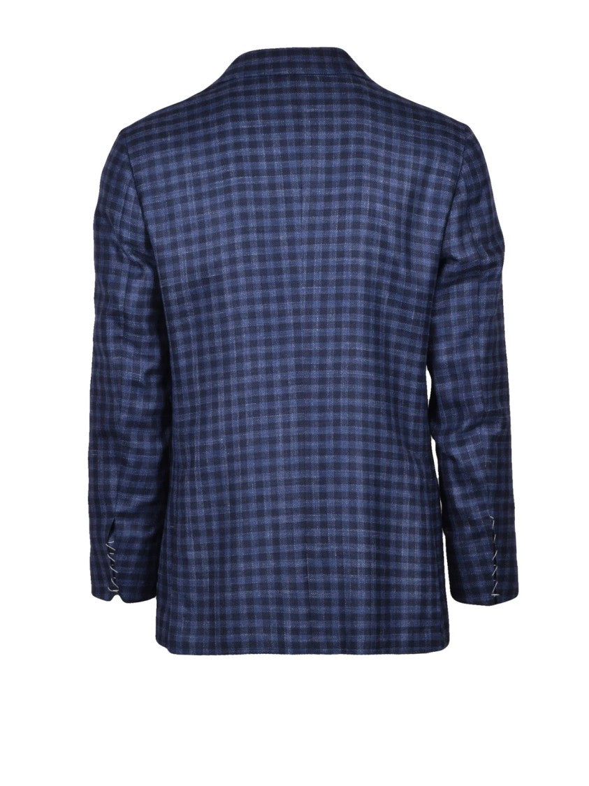 Kiton Blue Checkered Cashmere-Silk-Linen Blazer