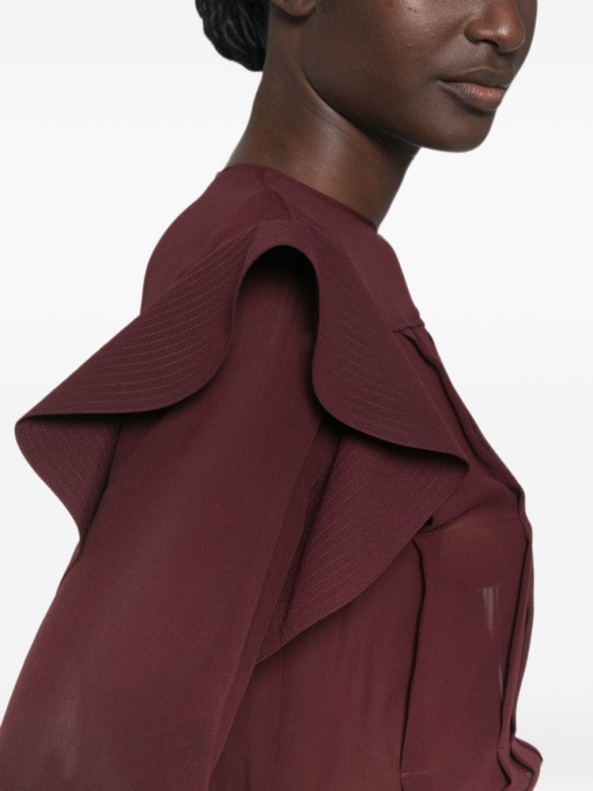 Lanvin Burgundy Sheer Ruffled Silk-Nylon Blouse