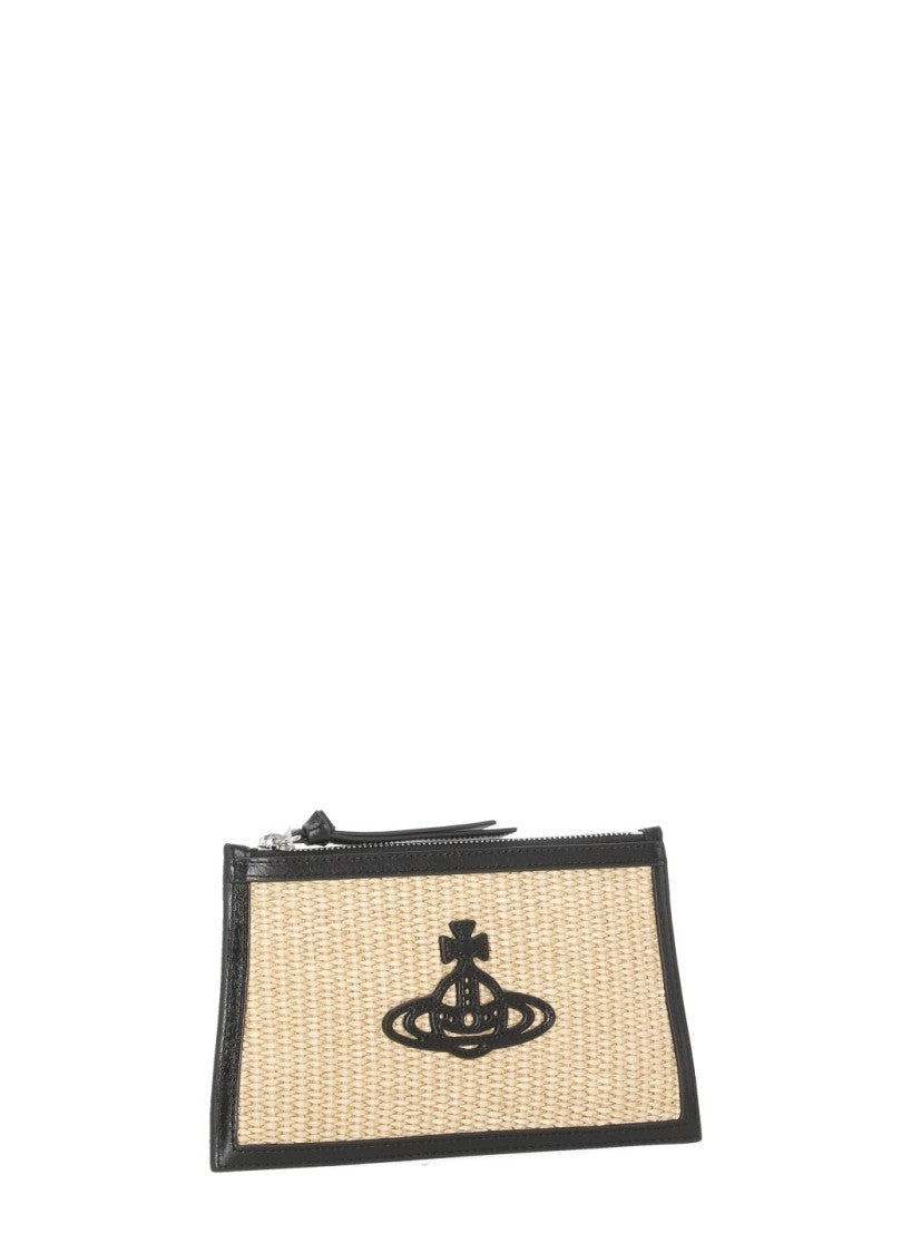 Vivienne Westwood Rectangular Raffia Pochette With Black Orb Logo