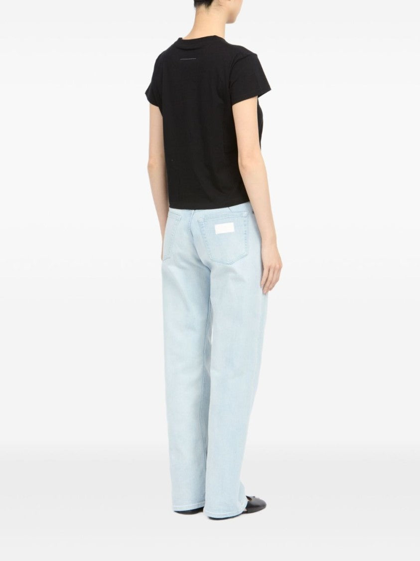 Mm6 By Maison Margiela Boxy Black Cropped T-Shirt With Classic Crew Neckline