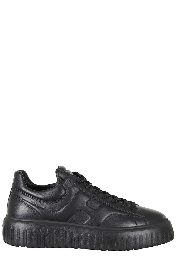 Hogan Black H Stripes Smooth Leather Rubber Sole Leather Sneakers