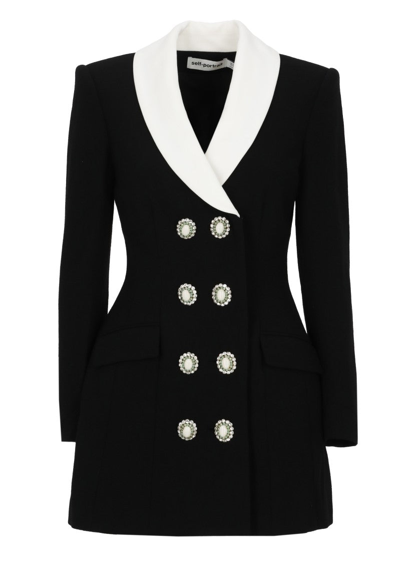 Self-Portrait Double-Breasted Black Wool Jacket Dress With White Shawl Collar
