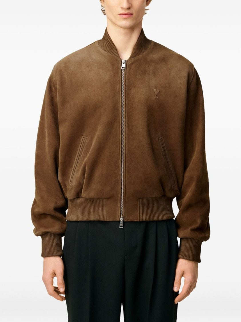 Ami Paris Brown Zip Front Embossed Logo Jacket