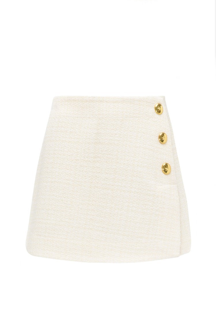 Pinko White Bouclé Gold-Button Trim Mini Skirt