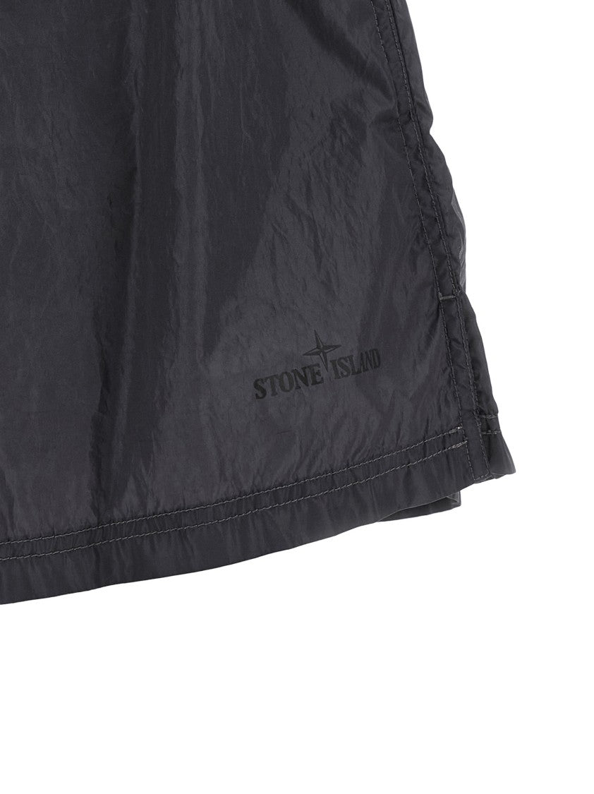 Stone Island Wrinkled Double Color Swim Shorts With Logo Print And Drawstring Waistband