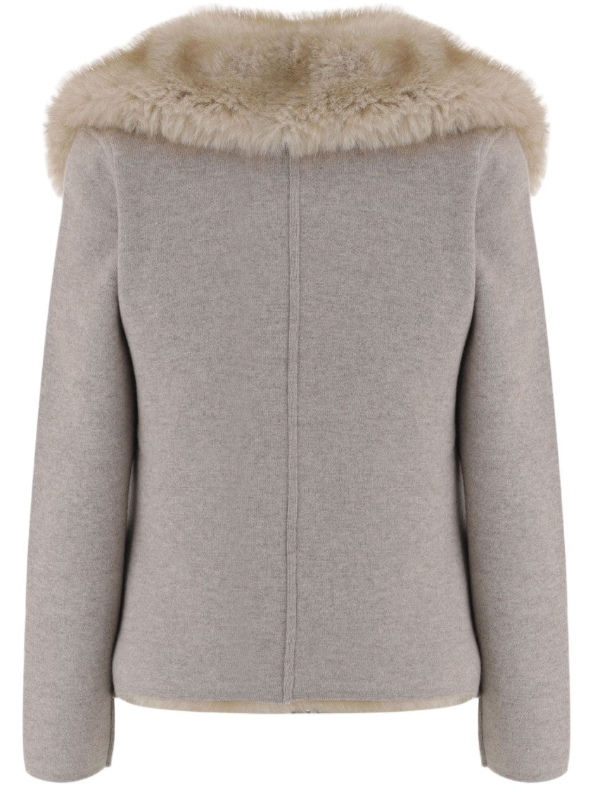 Bruno Manetti Beige Short Plush Fur Trim Wool-Cashmere Blend Jacket