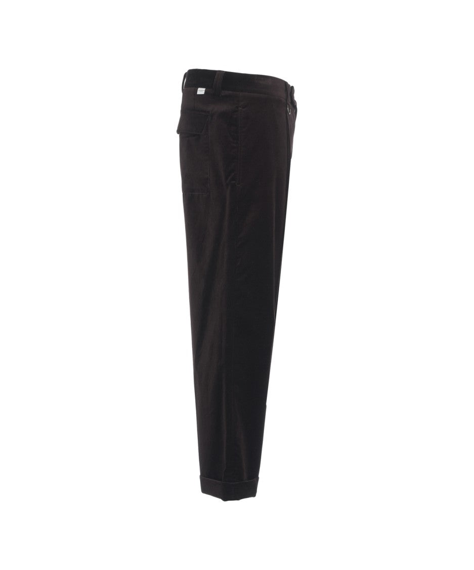Paolo Pecora Brown Velvet Chino Pants With Pressed Pleats And Turned-Up Hem