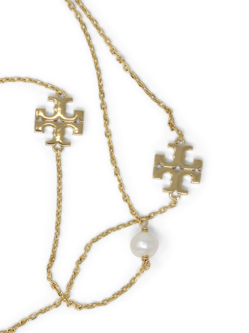 Tory Burch Long Kira Pearl Necklace With Floral Motifs