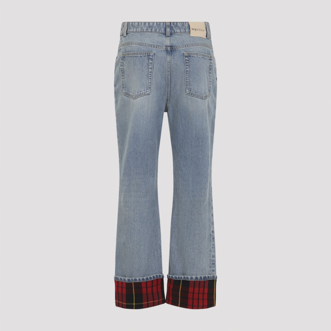 Alexander Mcqueen Light Blue Denim Jeans With Bold Tartan Cuffs