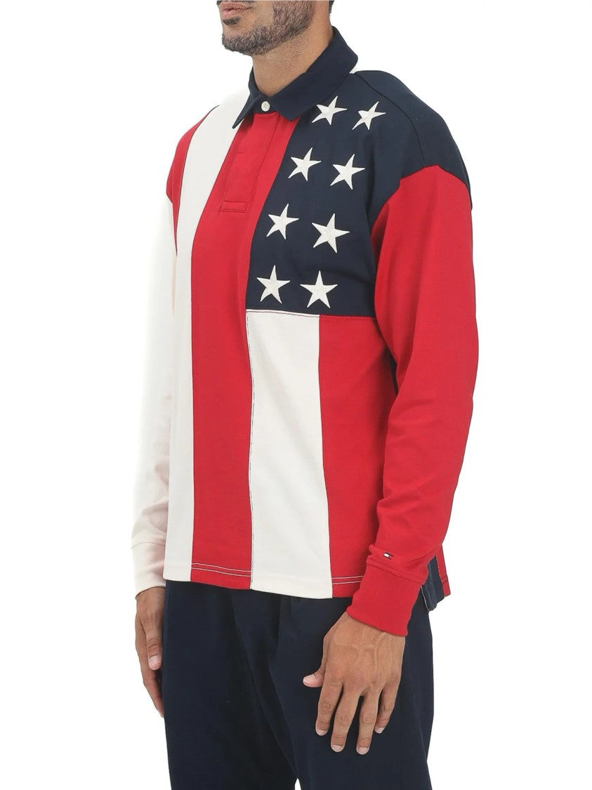 Tommy Hilfiger Red/White Cotton Color-Blocked Polo Shirt