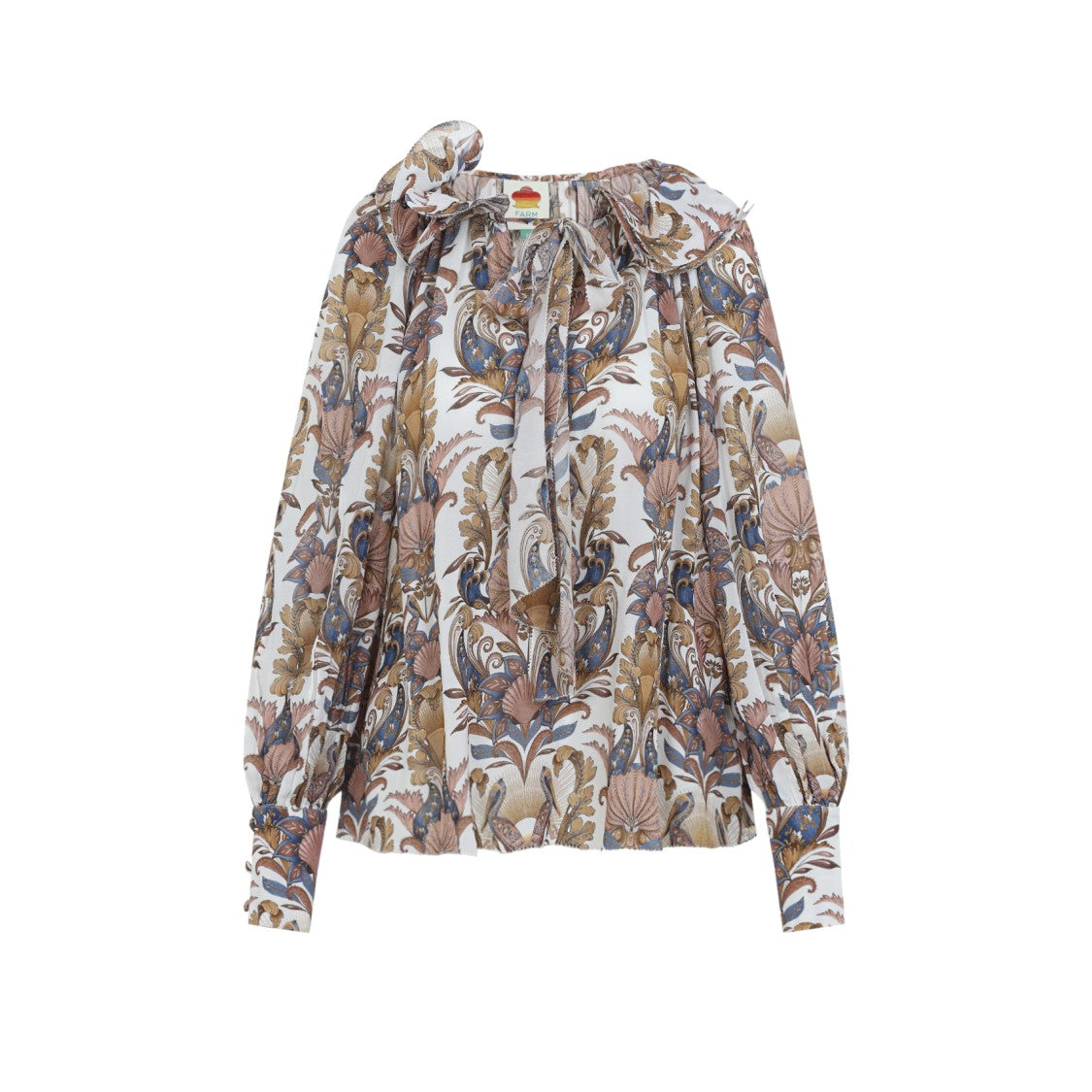 Farm Rio Flowing Blouse With Floral Paisley Pattern And Ruffled Collar