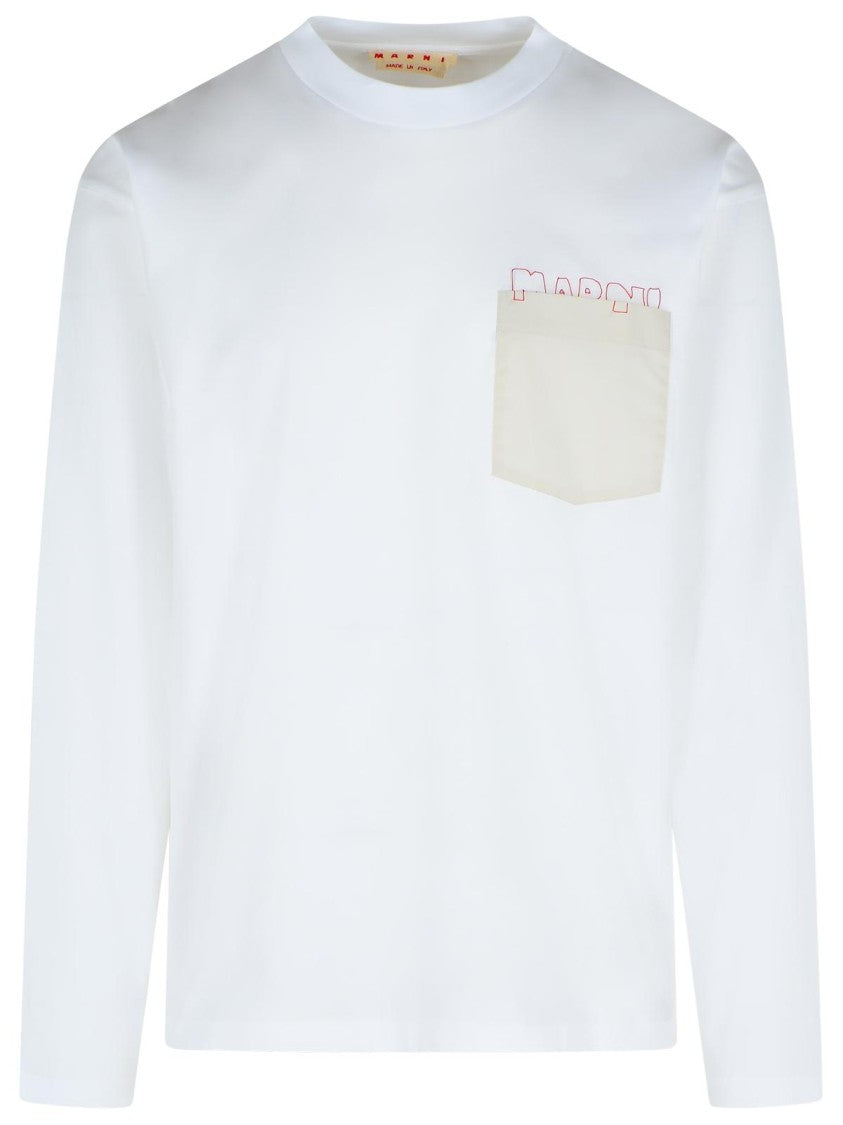 Marni Long-Sleeved White Cotton T-Shirt With Contrast Chest Pocket