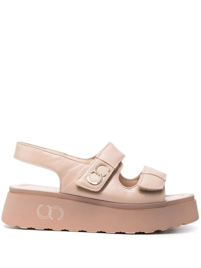 Casadei Beige Leather Flat Sandals With Adjustable Straps