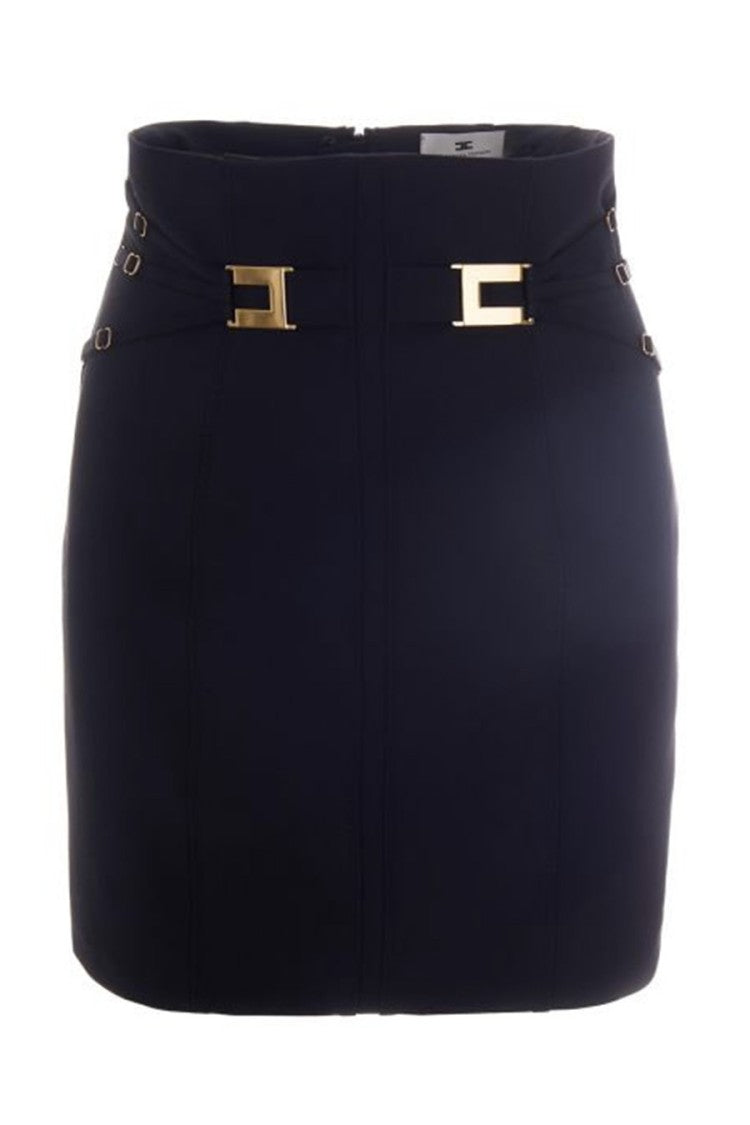 Elisabetta Franchi Black High-Waisted Gold Logo Buckle Viscose-Blend Mini Skirt