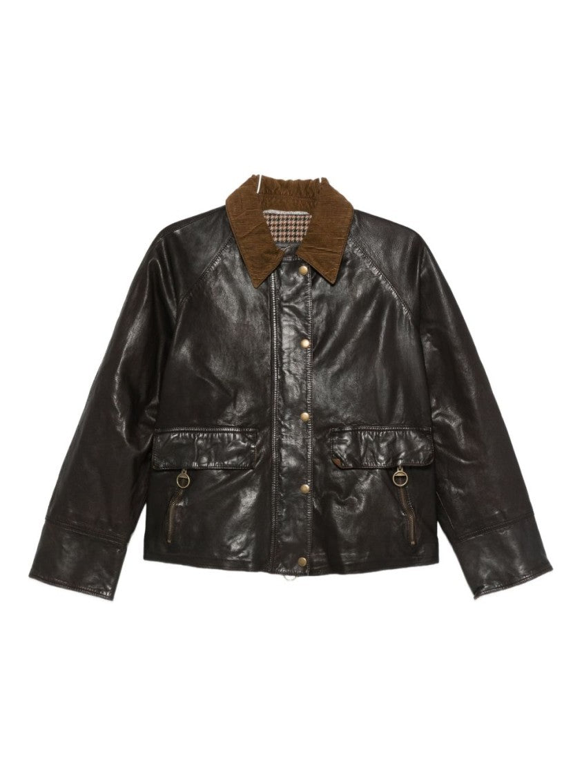 The Jack And Jackie Leathers Brown Leather Jacket With Textured Corduroy Collar