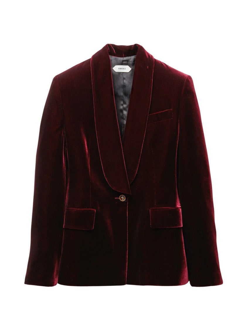 Versace Burgundy Velvet Blazer With Shawl Lapels And Medusa Buttons