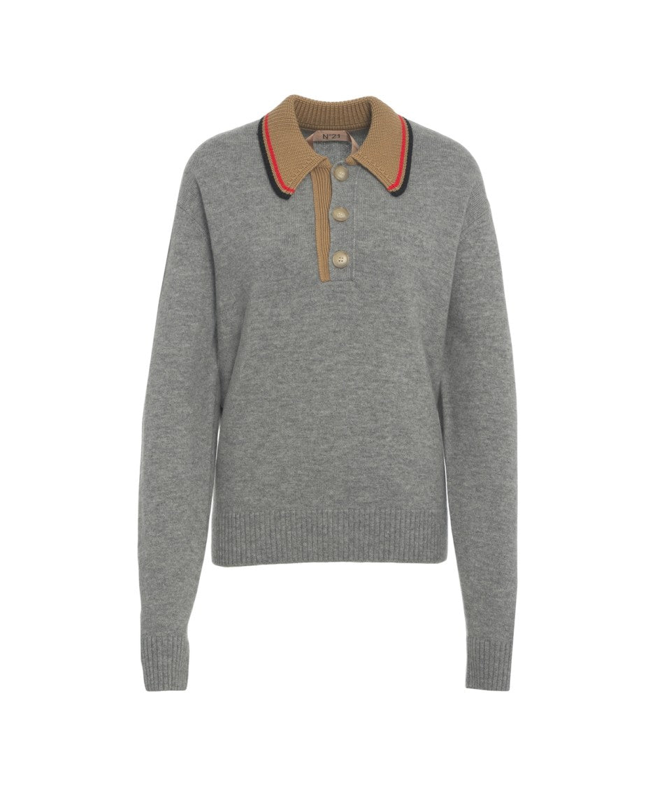 N°21 Knit Pullover With Polo Collar And Contrasting Cuffs