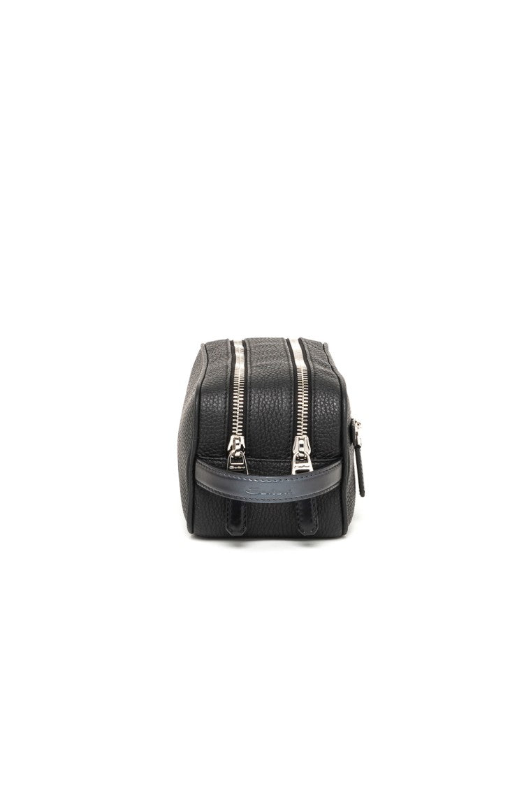 Santoni Textured Leather Belt Bag With Dual Compartments And Silver Accents
