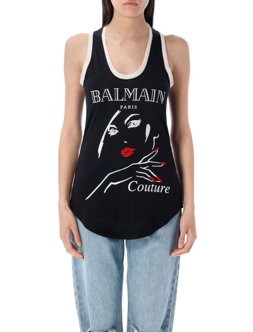Balmain Beauty Print Tank Top With Flocked Graphic And Chiffon Trim