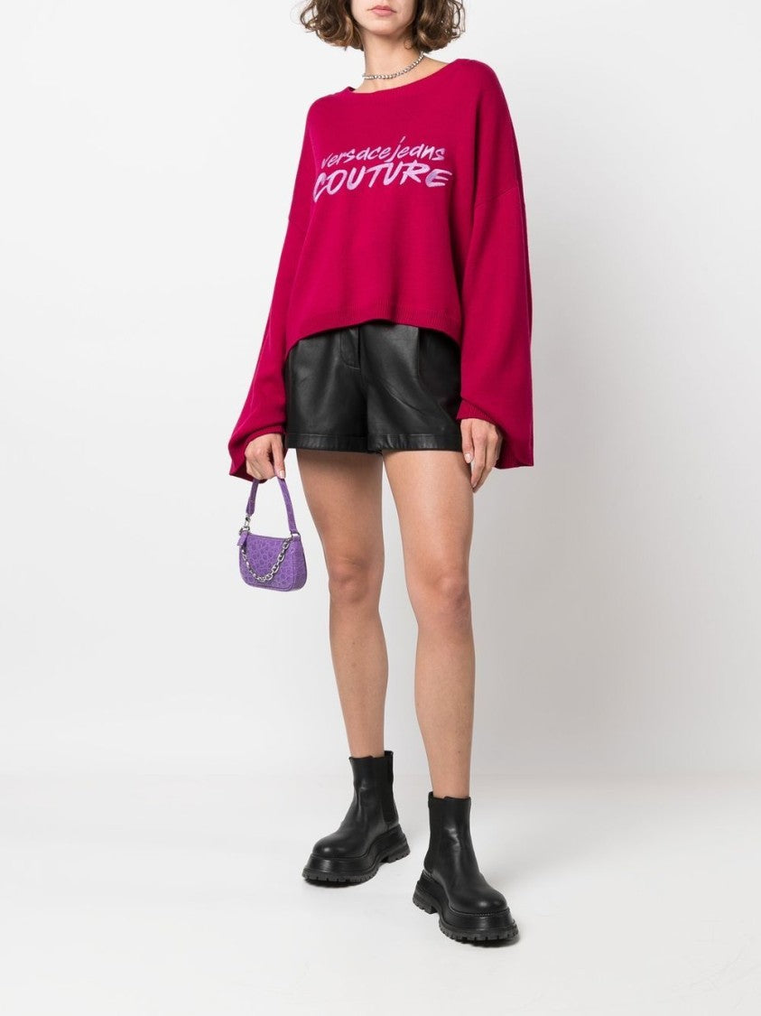 Versace Jeans Couture Embroidery Logo Relaxed Cropped Wool Sweater