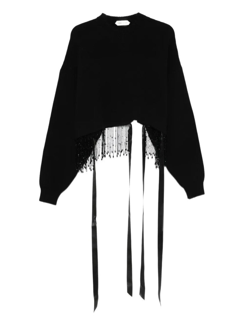 Alberta Ferretti Cropped Knit Sweater With Beaded Fringe