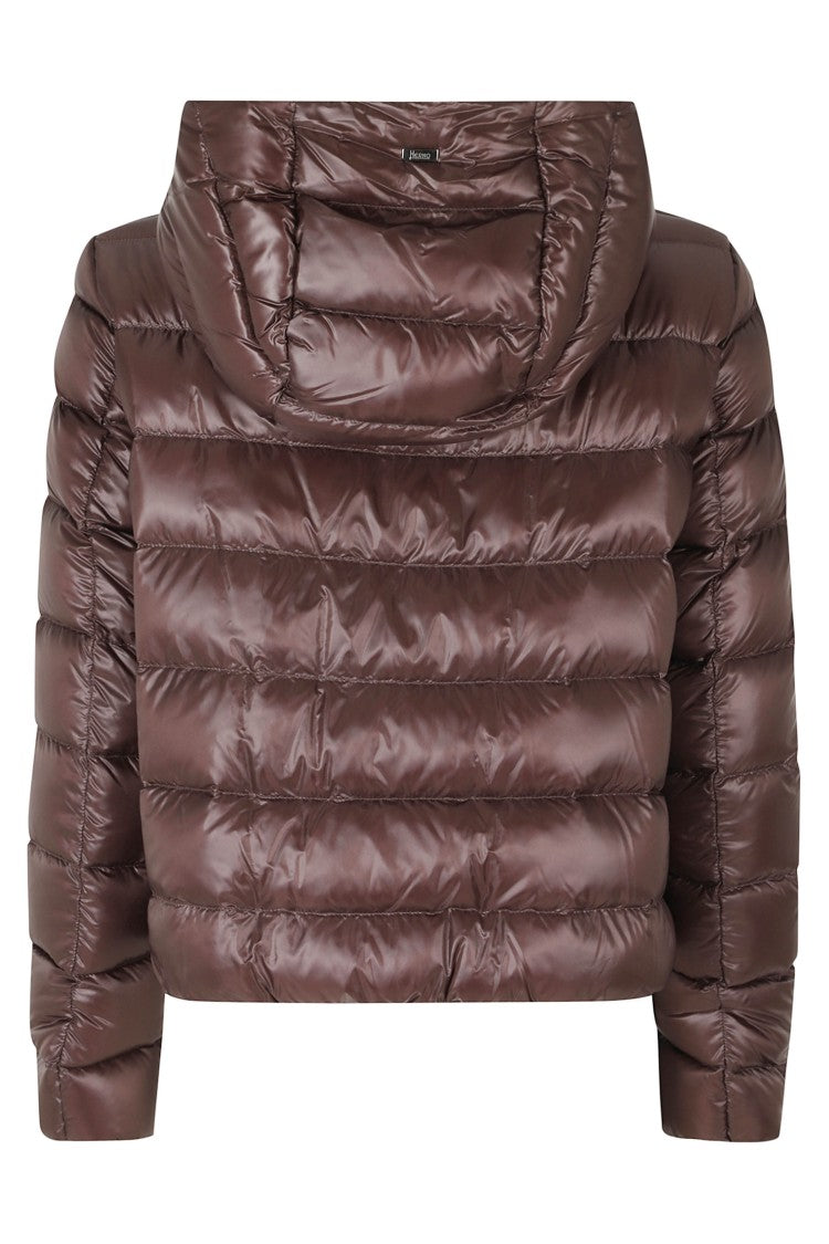 Herno Dark Brown High Neck Hooded Double-Slider Zip Polyamide Down Jacket