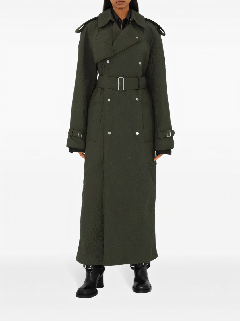 Burberry Quilted Green Long Coat With Belted Waist