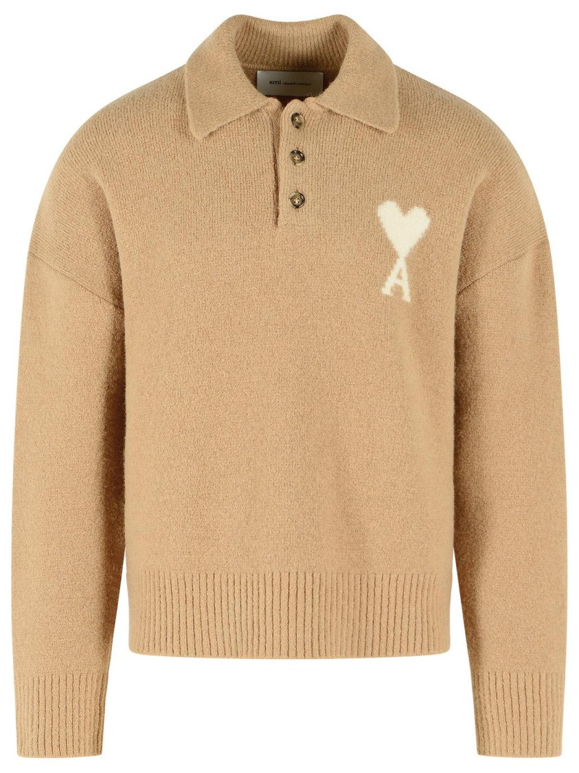 Ami Paris Boxy-Cut Polo Shirt In Beige Alpaca Knit