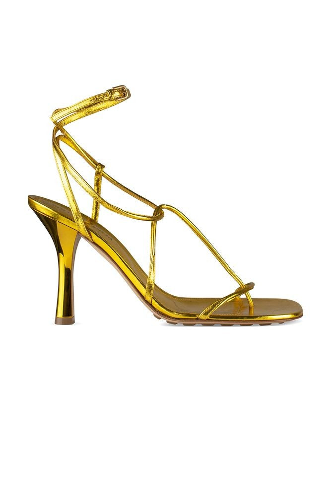 Bottega Veneta Metallic Gold Strappy Sandals With Textured Sole