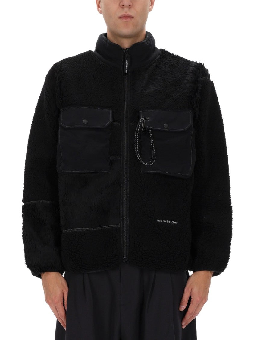 And Wander Black Mix Boa Polyester-Blend Plush Jacket