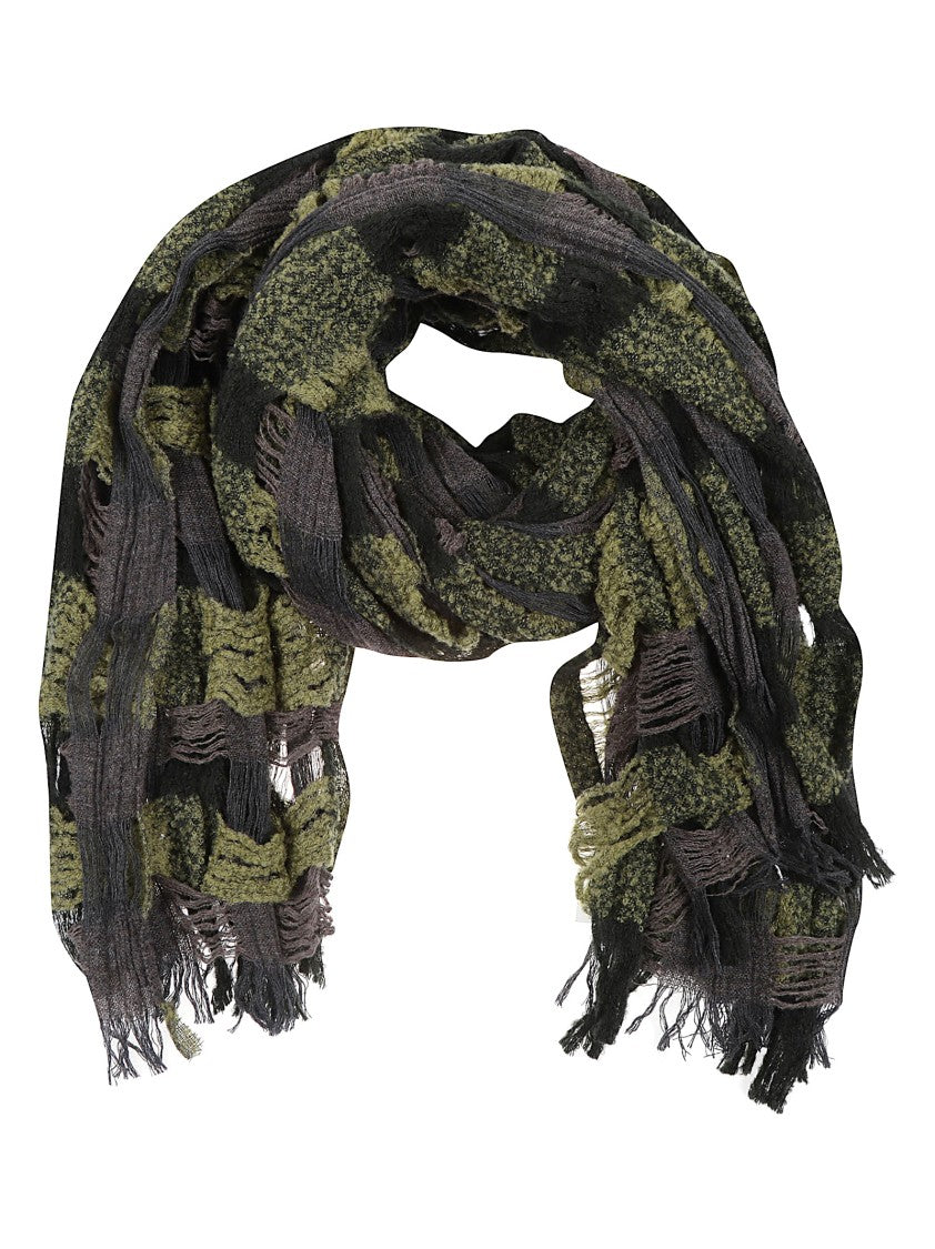 Yohji Yamamoto Openwork Check Wool Blend Scarf With Fringed Ends