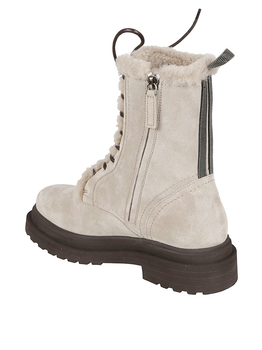 Brunello Cucinelli Grey Suede Lace-Up Boots With Shearling Trim And Rubber Sole