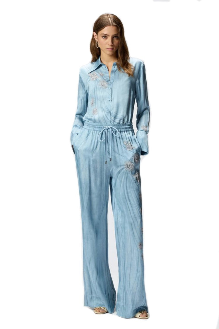 Pinko Blue Floral Embroidery Satin Viscose Wide-Leg Pants