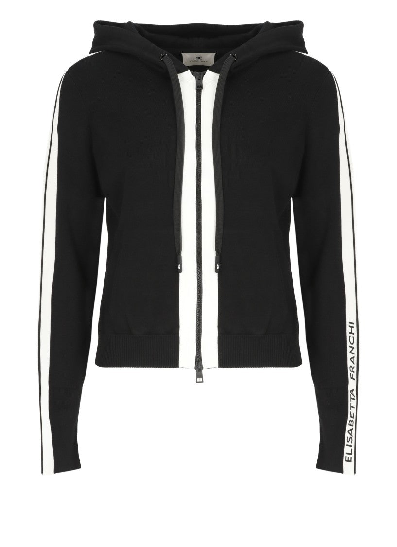 Elisabetta Franchi Black Hooded Embossed Logo Cotton-Blend Sweatshirt