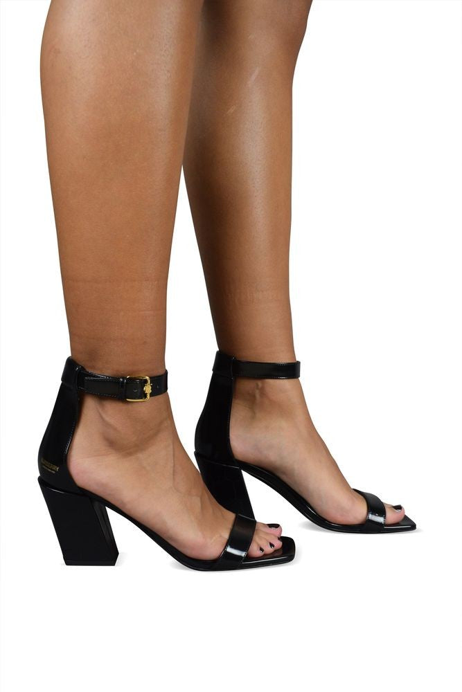 Burberry Black Leather Sandals With Crocodile-Patterned Block Heel