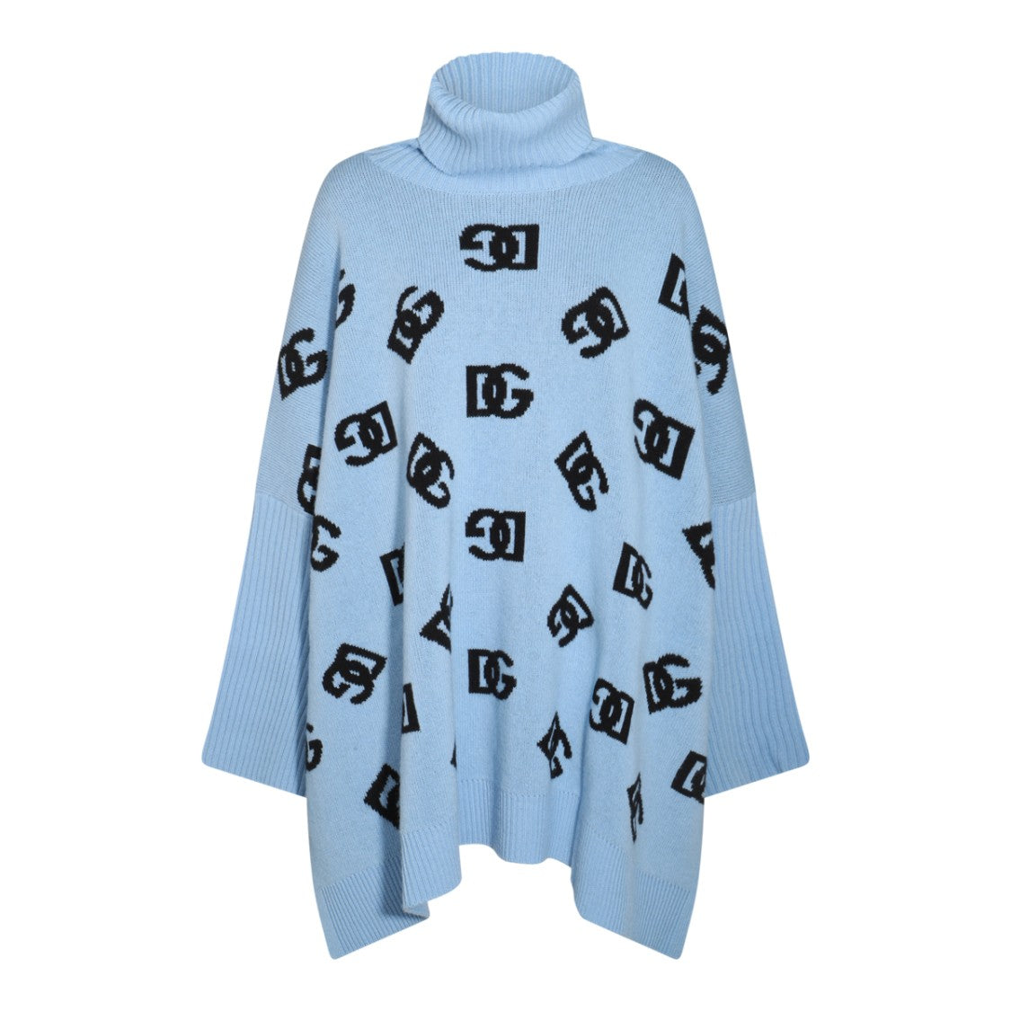 Dolce & Gabbana Light Blue Wool Dress With High Collar And Flared Silhouette