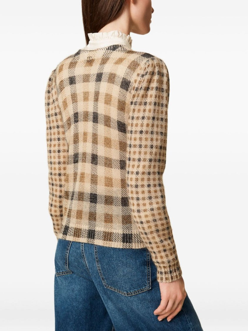 Twin-Set Checkered Knit Sweater With Puffed Sleeves